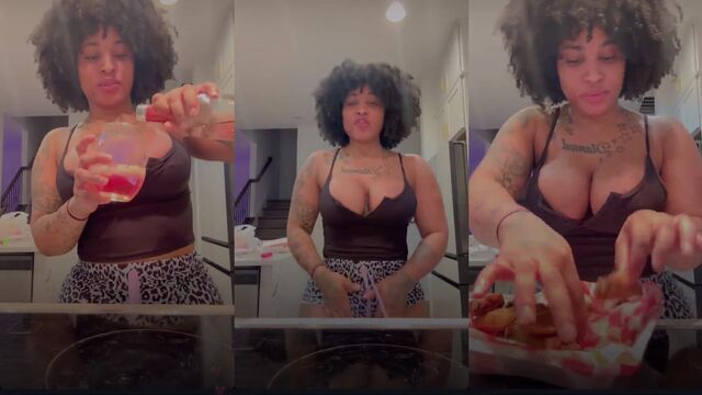 Bimbo showgirl in red and black stripes seXXXy shaking ass on IG Live