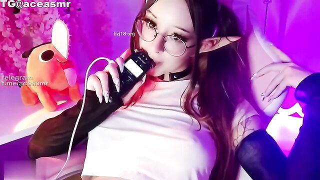 ASMR cosplay ear licking with Asian glasses girl using dildo for deep throat