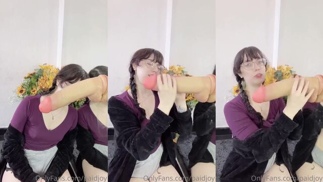 Petite pale Latina rides a big ass dildo with glasses on