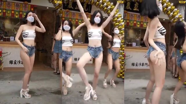 Short and skinny Asian girl dancing in the nude outdoors