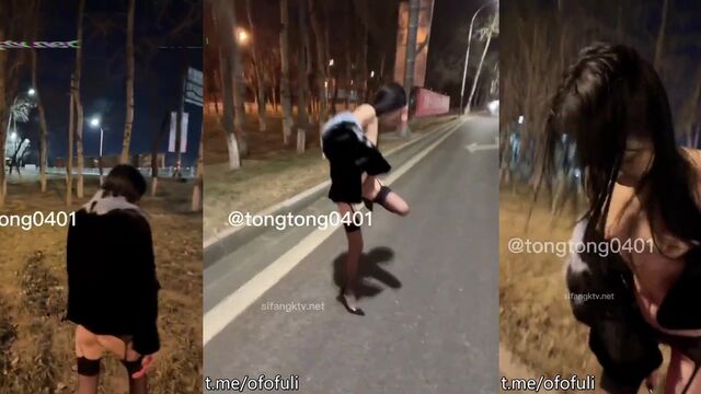 Petite Chinese teen gets fucked outdoors with a dildo in public