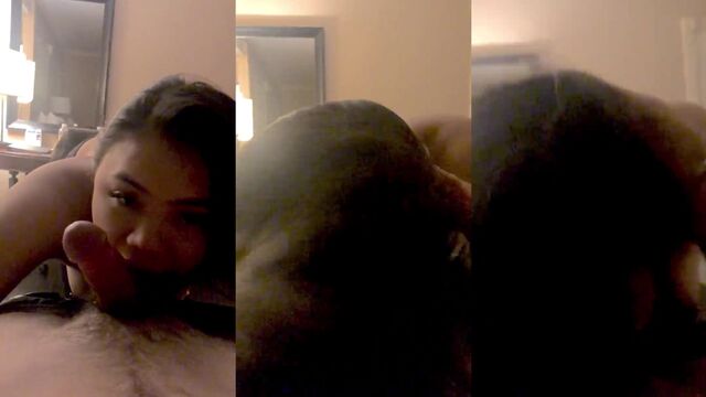 A young beauty makes a blowjob and sucks cock in POV style