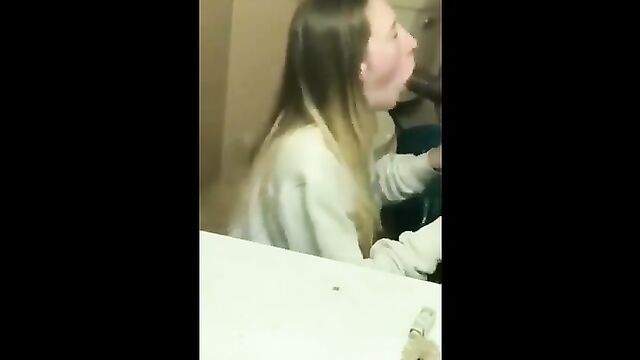 A cute girl swallows the entire load of her BBC daddy