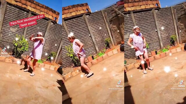 A shameless granny is showing off her old pussy while dancing funk