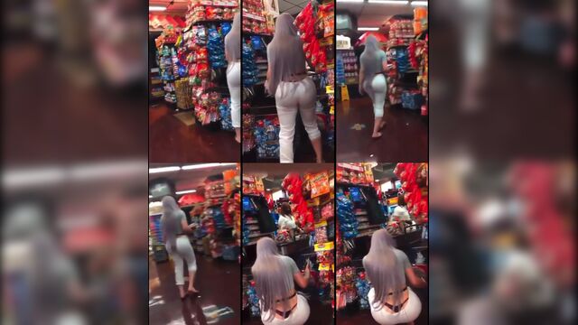 Sexy MILF in tight black jeans flashing white thong whale tail
