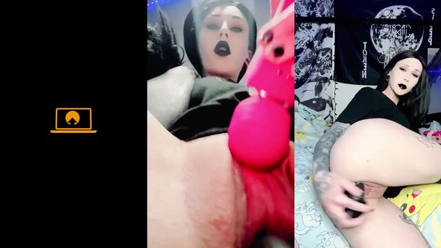 Busty goth babe squirts solo masturbation with a big dildo