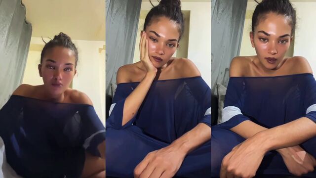 Petite ebony slut shows her big boobs during an Instagram live try-on haul