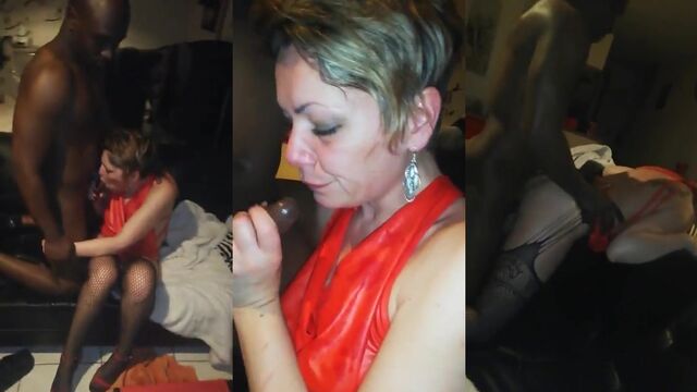 Blonde woman fucks with a black man while her husband watches