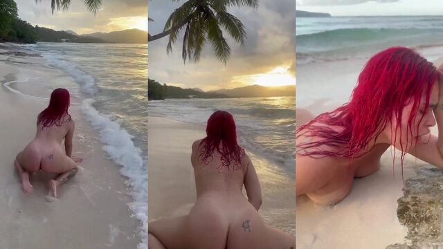 A cute red-haired girl masturbates her sweet pussy with a big dildo