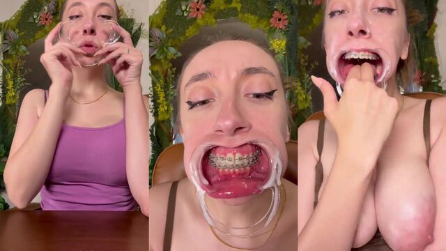 Fatass woman with braces face smacks her pussy riding dildo