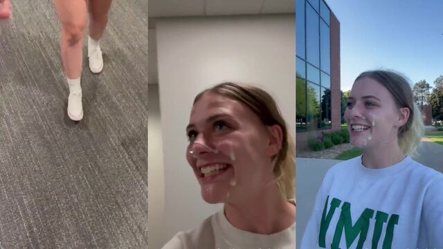 Blonde cum slut takes a cumwalk through a public parking lot with three loads on her face